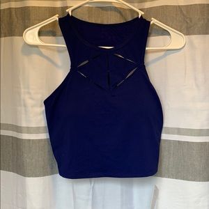 Navy colored mid length sports bra removable cups
